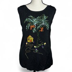 Vintage Y2K Black Beaded Palm Coconut Tree Hut Tropical Tank Top